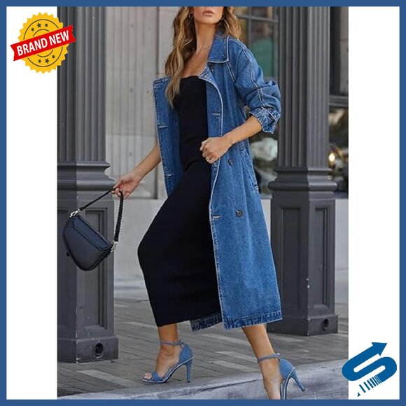 Vintage Notched Collar Double Breasted Denim Jacket Trench Coat with Belt - Picture 4 of 8